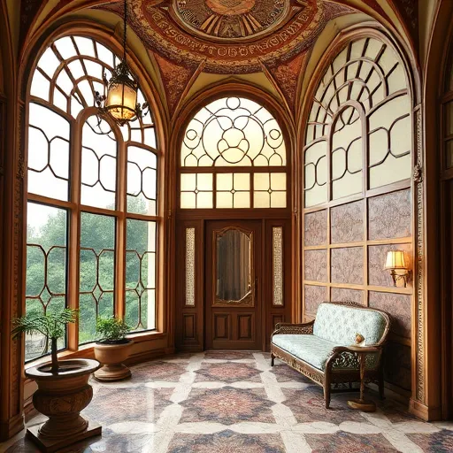 Art Nouveau-stílusú, részletes kép vízvezeték-szerelésről és gázkazán-karbantartásról: finoman ívelt, dekoratív csövek és szelepek, aranyozott díszítményekkel gazdagított, lush növényekkel találkozó, szecessziós gázkazán háttérrel, pasztell zöld és türkiz árnyalatok, nyugalmat és megbízhatóságot sugárzó színvilág, kecses madaracsőrök és finom formák a szelepeken, természet és gép harmóniáját szimbolizáló motívumok, elegáns art nouveau órásmotívumok és lineáris díszítések, meleg színek, arany részletek, részletgazdag textúrák és stilizált növényi motívumok, vizuálisan inspiráló és művészi összhatás, ami ötvözi a művészetet és a technológiát.