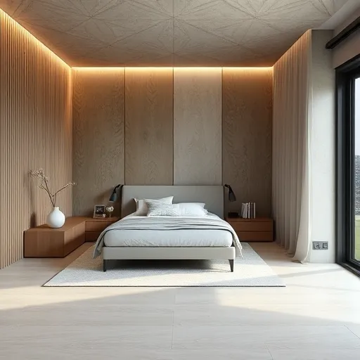 A stylized, geometric abstract art image depicting a bedroom scene focused on climate control. Central to the composition is a modern, minimalist air conditioner constructed from geometric shapes, blending seamlessly into the serene, uncluttered bedroom environment. Surrounding the unit are subtle, colorful, translucent airflow symbols representing filtered, clean air, visually conveying noise reduction and air circulation. The background features a tranquil bedroom silhouette with an inviting bed adorned with gently undulating linens and lush green plants, emphasizing natural calmness and balance. The color palette consists of soothing pastel shades of deep blue and pale turquoise, evoking relaxation and restful sleep. The artwork includes playful geometric patterns, delicate shimmering lines, and motifs like moons or stars, creating a peaceful night atmosphere while hinting at modern technological solutions. This abstract piece artistically illustrates the harmony between effective noise reduction, energy-efficient climate control, and peaceful sleep, resulting in a visually clean yet lively composition that symbolizes a quiet, restful bedroom environment enhanced by advanced air conditioning and soundproofing.