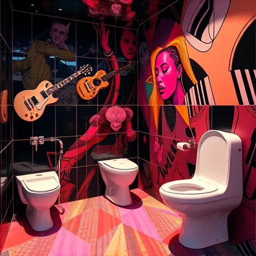 Színes pop-art stílusban megjelenő, humoros és stilizált WC-tartály részletes ábrázolása. A központi elem egy élénk, vastag fekete kontúrokkal körülvett WC-tartály, amelyet dinamikus, geometrikus háttér díszít futurisztikus mintákkal és árnyékokkal. A tartály szájánál apró, rajzfilmszerű részletek láthatók, mint a vízszint-mérő és tisztítószer-dobozok szokatlan színkombinációkban és csillogó felületekkel. A víz fröccsenésekor színes cseppek, lufik és csillámok szóródnak a levegőbe, mintha egy vidám karnevál részei lennének. A kép könnyed, mókás hangulatú, modern technikával és kifinomult színhasználattal megalkotott, jól illik blogborítóképnek a WC-tartály öblítőmechanizmusának bemutatásához.