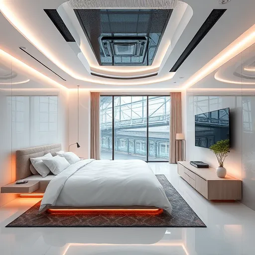 Futurisztikus high-tech klimavezérlő rendszer központi egysége egy modern, minimalista kialakítású szobában, világoskék és meleg sárga árnyalatokban pompázó részletekkel. A rendszer paneleken sávosan elhelyezett világító szenzorokat és digitális kijelzőket tartalmaz, amelyek zökkenőmentesen váltanak a hűtés és fűtés között. A háttérben áttetsző, lebegő légkamrák és finoman mozgó, füstös vagy átlátszó levegőáramok mutatják a komplex légtechnikai folyamatokat. A digitális művészeti stílus részletgazdag, nyugodt hangulatot teremt lágy fényekkel és finom árnyékokkal, kiemelve a rendszer kifinomult, hatékony működését és az integrált energia-gazdálkodást, miközben a környezet barátságos és futurisztikus hatást kelt.