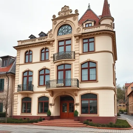 Art Nouveau stílusban ábrázolt kép egy vidéki ház kertjében, ahol a kültéri egység arany színű, finom ornamentikával díszített klímakészülék látható, harmonikusan összhangban a természetes formákkal. A háttérben egy rusztikus, virágokkal és málnabokrokkal övezett, meleg színű kő és fa ház látható, virágos loggiával és organikus vonalvezetésű falakkal. A légtechnikai rendszer kondenzvíz elvezetése kecses, íves csatornákon keresztül a kertben elhelyezett mozaik mintázatú, növényekkel benőtt kovácsoltvas ciszternába folyik, melyet díszes kovácsoltvas öntőláb fogad. A részletgazdag kompozíció nyugodt, harmonikus hangulatot áraszt, ahol a finom arany, meleg barna, pasztellzöld és halványkék színek kiemelik az Art Nouveau organikus motívumait, az aránytalan, hosszú ívek és természetes formák harmóniában keverednek. Az egész kép az emberi kéz finom dekoratív motívumaival és a természet szépségével találkozik, szimbolizálva a funkcionalitás és a díszítés összhangját a vidéki klímaszerelés témájában.