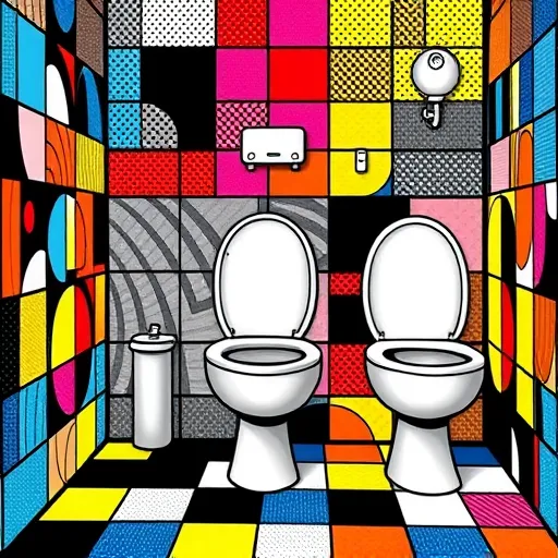 Színes popart stílusban készült, dinamikus és figyelemfelkeltő kép egy modern, játékos felfogású WC-tartályról. A tartály nyitva, szimbolikusan "leeresztve", víz- és leoldószeres hullámok színes, lendületes mozgással haladnak át a kép képzeletbeli térén. Körülötte színes, komikus buborékokban ábrázolt tisztítószerek és eszközök láthatók, mintha egy rajzfilm-jelenet részei lennének. A háttér élénk, kontrasztos színfoltokkal díszített, geometrikus mintákkal gazdagított, amelyek a tisztítás és frissesség érzését erősítik. A képet a popart jellegzetes, élénk sárga, vörös, kék és zöld színei emelik ki, egyedi, művészi hangulatot kölcsönözve a modern, humoros és szórakoztató blogborítóképnek, amely a WC-tartályok szakszerű, mégis játékos tisztításáról szól.