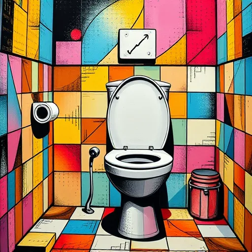 Színes és dinamikus pop art stílusú kép, amelyen központi elemeként egy nagy, stilizált WC-tartály töltőszelepe látható, humorosan és túlzó arányokkal ábrázolva. A szelepen keresztül zubogó víz életre kelt, színes cseppek és vizes hullámok formájában, mintha egy képregény vagy comic strip jelenete lenne. A háttérben absztrakt, geometrikus mintákkal díszített konyha vagy fürdőszoba fal látható élénk színekkel, például pirossal, sárgával és kékkel, ezzel növelve a játékos és nyugodt hangulatot. A víz kijáratánál színes, dramatikus szimbólumok, például szárnyak vagy villámok jelzik a zajt. Apró, aranyos részletek gazdagítják a kompozíciót, például egy stilizált alak vagy arc, amely a zajforrást szimbolizálja. Az egész kép egyedi hangulatát a pop art életvidám, élénk színpalettája és játékos dinamikája határozza meg, arra ösztönözve, hogy a zajkezelési tippeket és megoldásokat szórakoztató és érthető módon mutassa be.