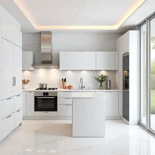 Részletes alt szöveg: Egy modern, letisztult konyha tilezett padlóján folyamatban lévő lefolyórendszer telepítése látható, ahol sárga színű csővezetékek ívesen futnak a padló alatt, és egy tapasztalt szerelő kezei precízen igazítják azokat. A konyhai pult tiszta felületű, jól szerelt sütő- és mosogatógép-szerelvényekkel, háttérben pedig nagy ablakon keresztül lágy napfény világítja meg a munkaterületet, kiemelve a nyugodt, profi hangulatot. A fal meleg, modern design elemekkel díszített, finom színekkel, mint bézs, szürke és krémszín, míg a kék és sárga csővezetékek vizuálisan hangsúlyozzák a műszaki precizitást. A kép dekoratív részleteket mutat: virágcserepek és szerszámok, amelyek nem rontják a professzionális összhangot. A részletgazdag, realisztikus ábrázolás erősíti a technikai témát, kiemelve a konyha funkcionalitását és a minőség iránti elkötelezettséget.