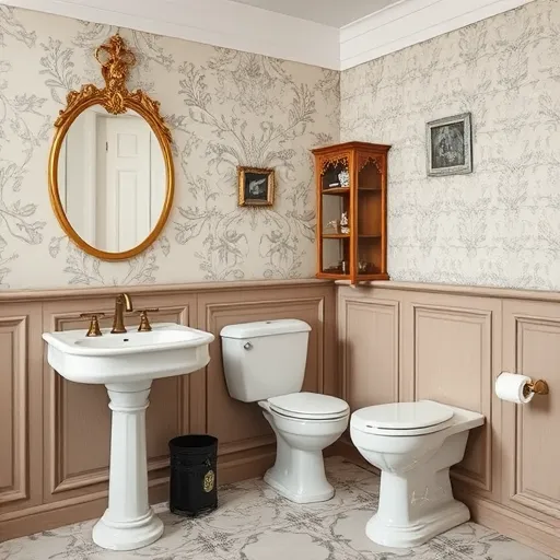 Egy elegáns, viktoriánus stílusú fürdőszoba lépcsőzetesen megvilágított térben, ahol egy díszes klasszikus WC-ülőke épp fel van szerelve és precízen beállítva. A háttér finom aranybarna és mélykék színekkel díszített, gazdagon faragott bársonyfüggönyökből és márvány berendezésekből áll, amelyek drámai, ugyanakkor nyugodt hangulatot teremtenek. A részletek kiemelik a csillogó csavarokat, finoman kidolgozott fa díszítéseket és a mögött látható vintage tükröket, így a kompozíció egyedivé és személyessé válik. A kép a technikai precizitást és az időtlen eleganciát hangsúlyozza renaissance stílusú színpalettával, szelíd, meleg árnyalatokat alkalmazva, mint a borostyán, mély bordó és antik arany. A harmonikus textúrák és színhasználat ötvözik a művészi részleteket a modern technológiával, egy kifinomult, időtlen fürdőszoba látképet alkotva, amely a klasszikus szépséget és az elegáns funkcionalitást mutatja be.