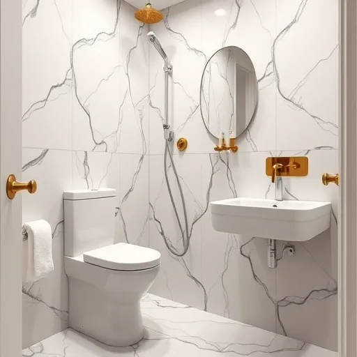 An elegant Art Deco-style illustration of a modern bathroom showing the causes and repair process of a leak beneath the toilet bowl. The background features a geometric pattern with a sophisticated color palette of subtle gold and deep green tones, creating a calm atmosphere. The toilet is depicted in detailed vintage-inspired style, highlighting common issues such as a cracked or loose wax ring with visible wear and aged details. On the left side, there is a stylized, geometric toolkit including a screwdriver, small screws, and vintage motifs referencing renovation tools. A bold yet elegant vintage-style hand is partially visible, holding or manipulating tools to emphasize the repair process. In the background, minimalist bathroom elements like decorative tiles and Art Deco-style lamps contribute to the refined setting. The color scheme blends gold, beige, dark green, and pastel chalk shades, producing a timeless, sophisticated look with a modern touch. The overall composition conveys the simplicity and efficiency of troubleshooting plumbing issues within a stylish, classic environment.