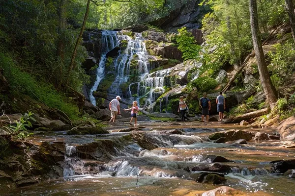 A family having fun in a majestic river in the middle of forest