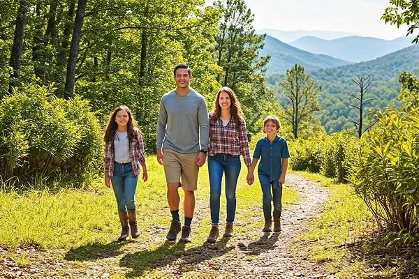 A happy family waling in a forest path