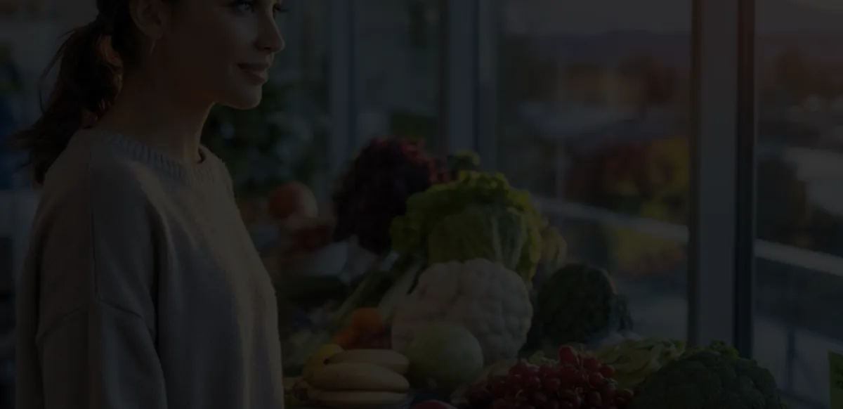 A smiling individual standing near a table filled with fresh fruits and vegetables, symbolizing healthy eating and wellness.