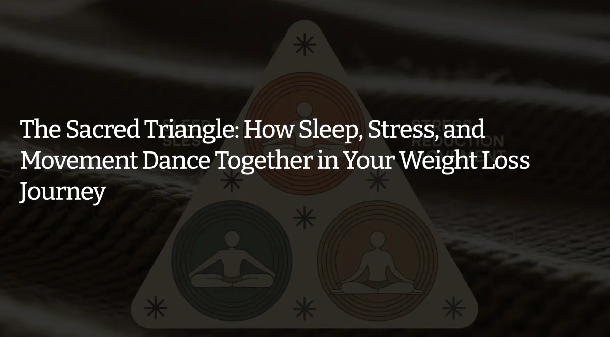 Triangle infographic with three meditating figures, representing the Sacred Triangle of Health—sleep, stress reduction, and movement—featured in NiuOla Health’s weight loss program.