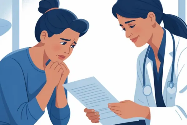 A worried patient discusses insurance paperwork with a compassionate female doctor, highlighting the emotional impact and complexities of the prior authorization process at NiuOla Health in Olympia, Washington.