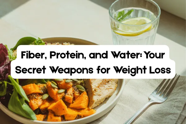 Healthy meal and beverage for weight management at NiuOla Health in Olympia, Washington. The image shows a plate with baked sweet potatoes, grilled chicken, and leafy greens, alongside a glass of water with lemon and mint. Overlaid text reads: 'Fiber, Protein, and Water: Your Secret Weapons for Weight Loss.