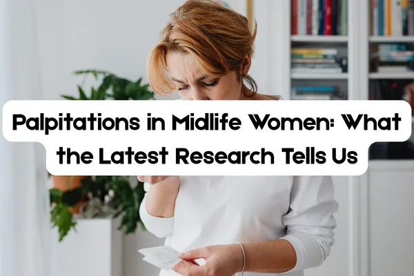 A concerned midlife woman in a white shirt looks at a piece of paper in her hands, standing in a home setting with bookshelves and a plant in the background. Overlaid text reads: “Palpitations in Midlife Women: What the Latest Research Tells Us