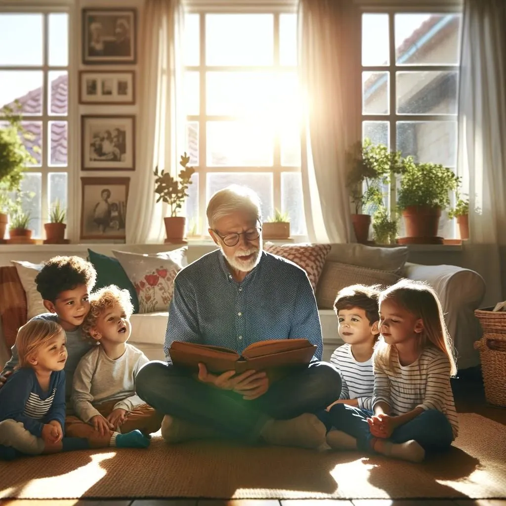 Grandfather and three grandchildren in a bright living room, engaged in reading, highlighting Sage Senior Support's commitment to family bonds.