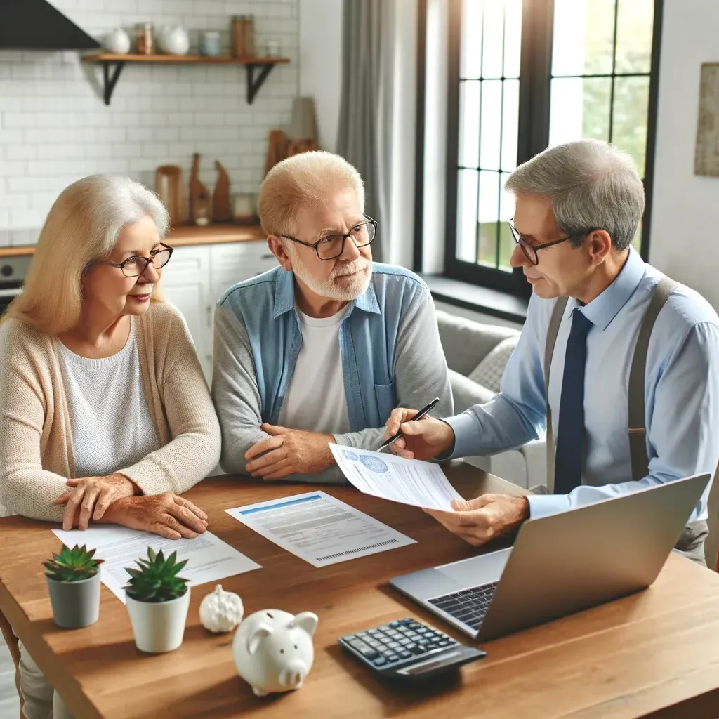An elderly couple sitting at a kitchen table, looking at documents with a financial advisor, discussing Medicaid planning.