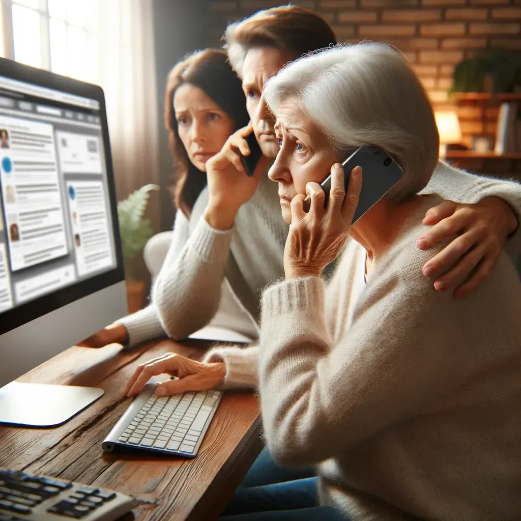 Senior woman sitting at a computer, looking concerned while talking on the phone, with a family member by her side offering support.