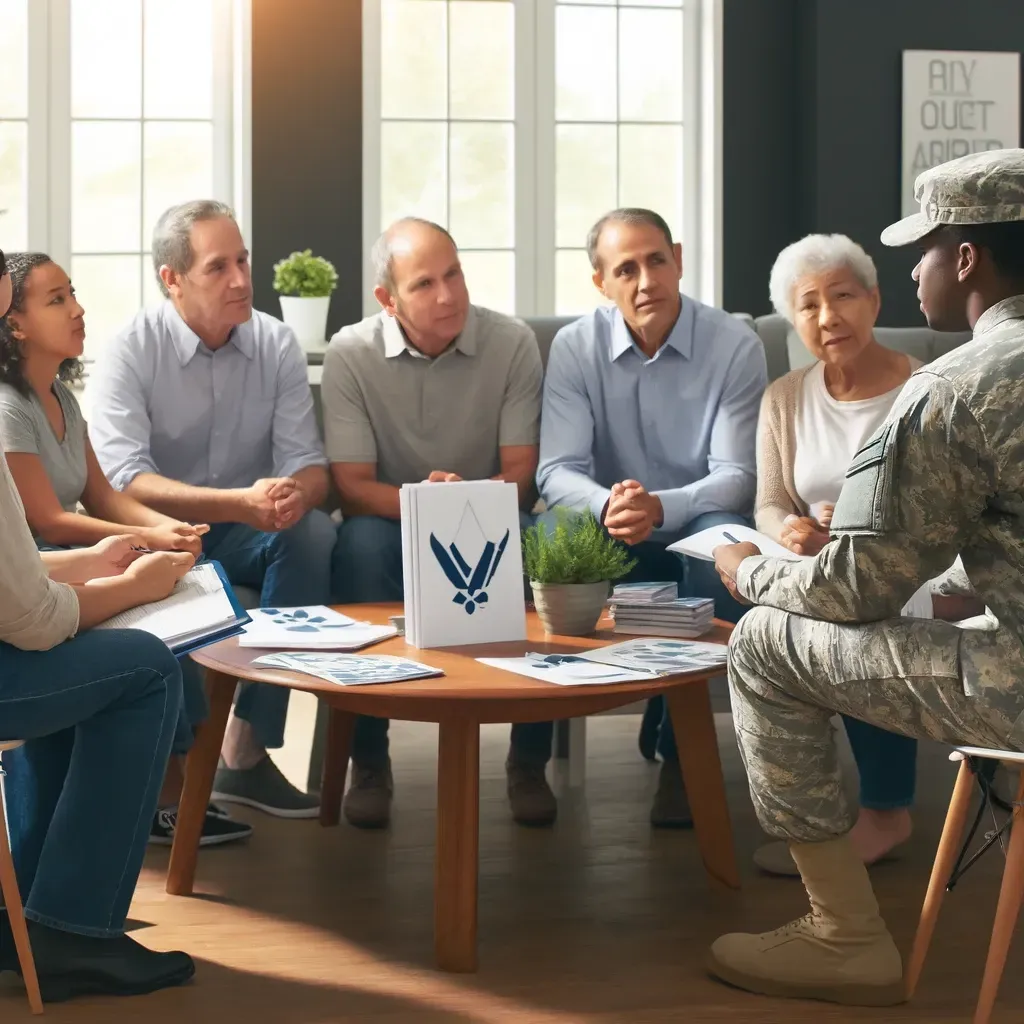 A diverse group of veterans and their families sitting in a well-lit room, discussing VA benefits with a VA representative, with brochures and laptops on the table.