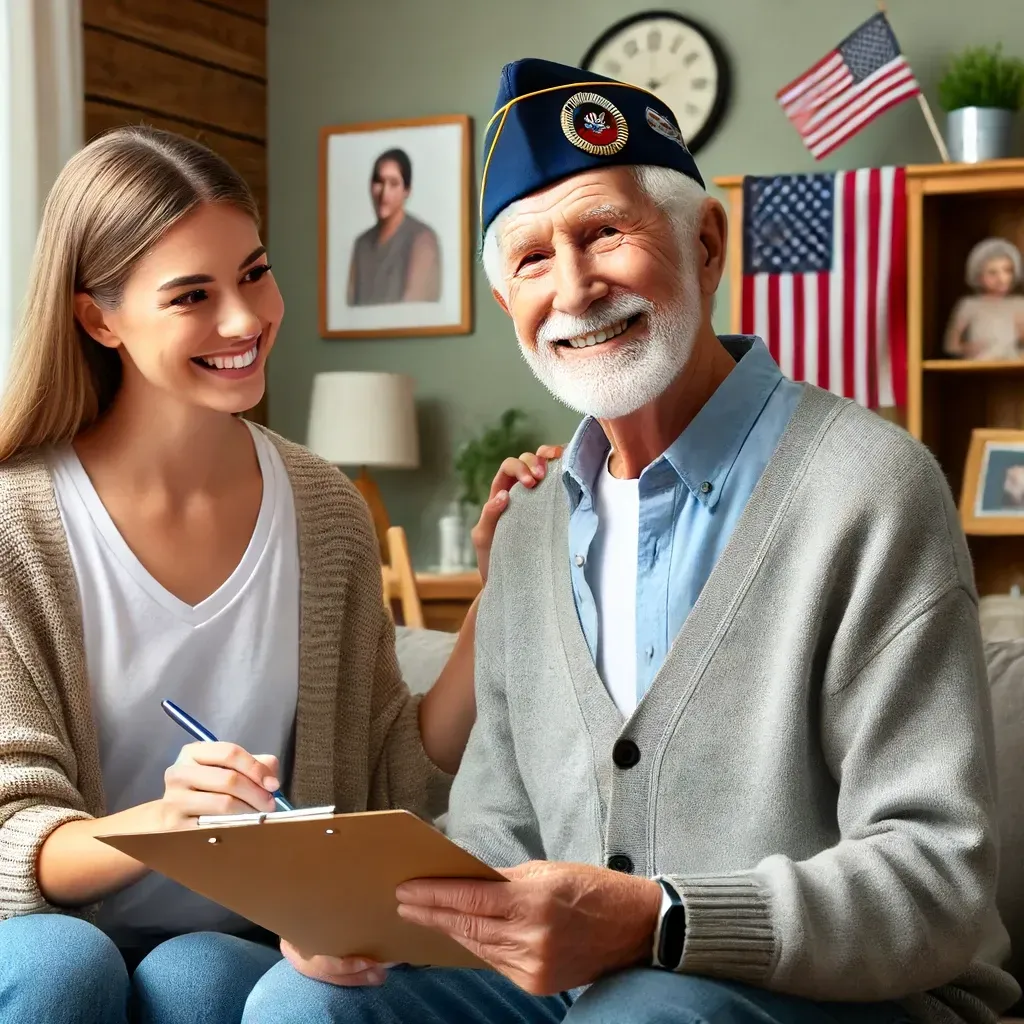 A warm and welcoming scene of an elderly veteran smiling and wearing a service hat, while a caregiver attentively helps with paperwork in a comfortable home setting. The background features a cozy living room with family photos, a flag, and a bookshelf, conveying support, care, and a sense of security.