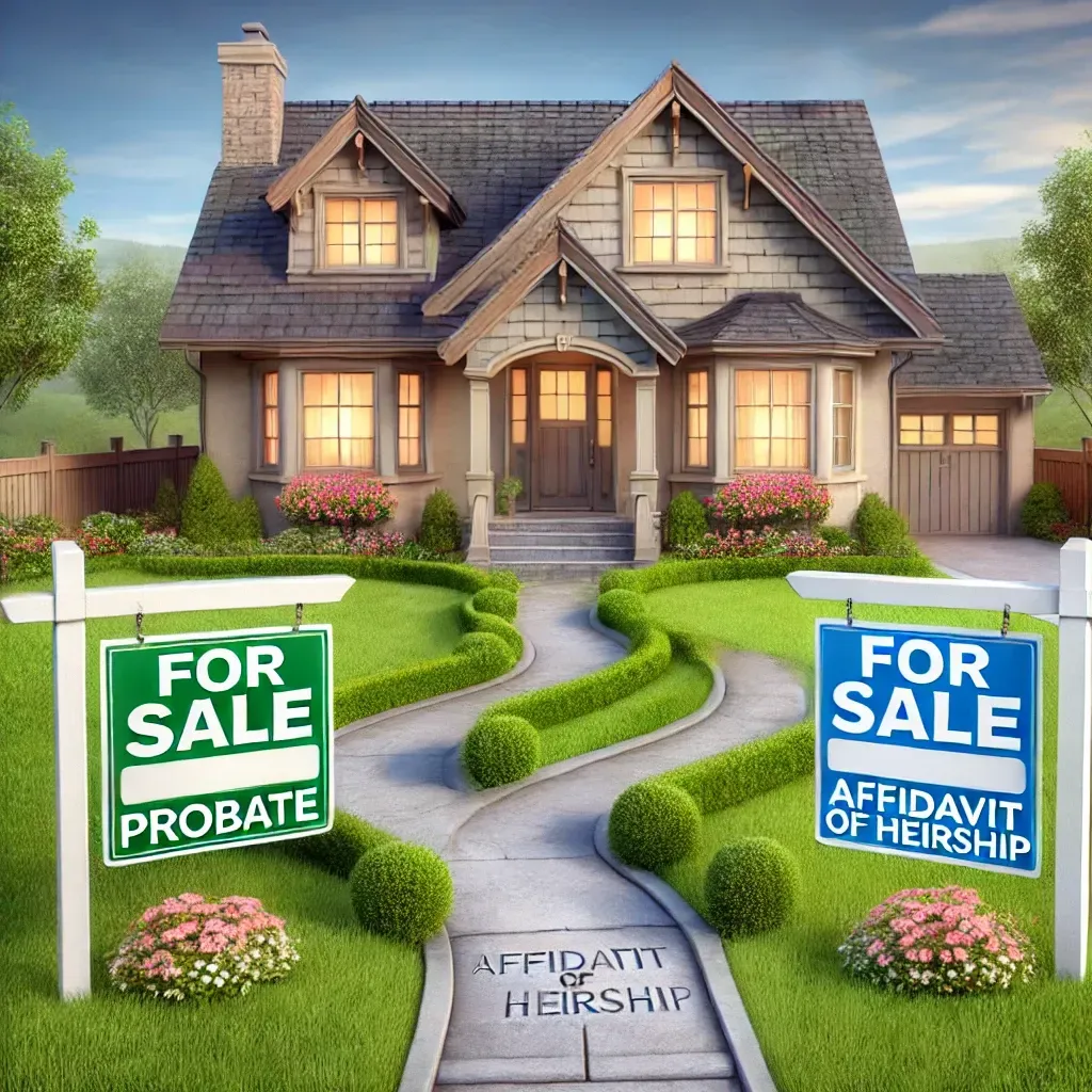 An inherited home with a 'For Sale' sign in the front yard, illustrating the choice between probate and affidavit of heirship.