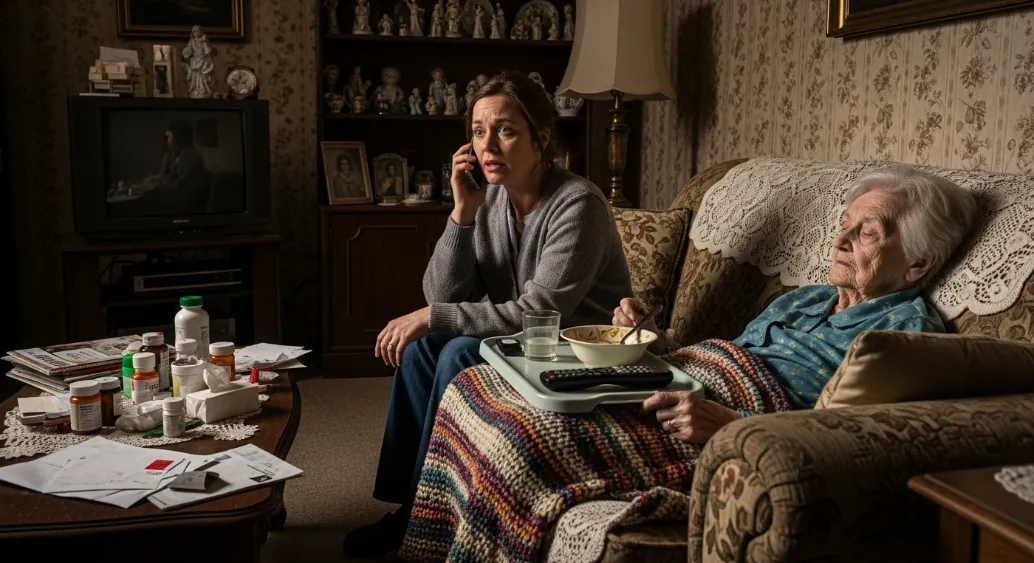 Exhausted adult daughter at kitchen table worrying about elderly parent fall prevention and home safety