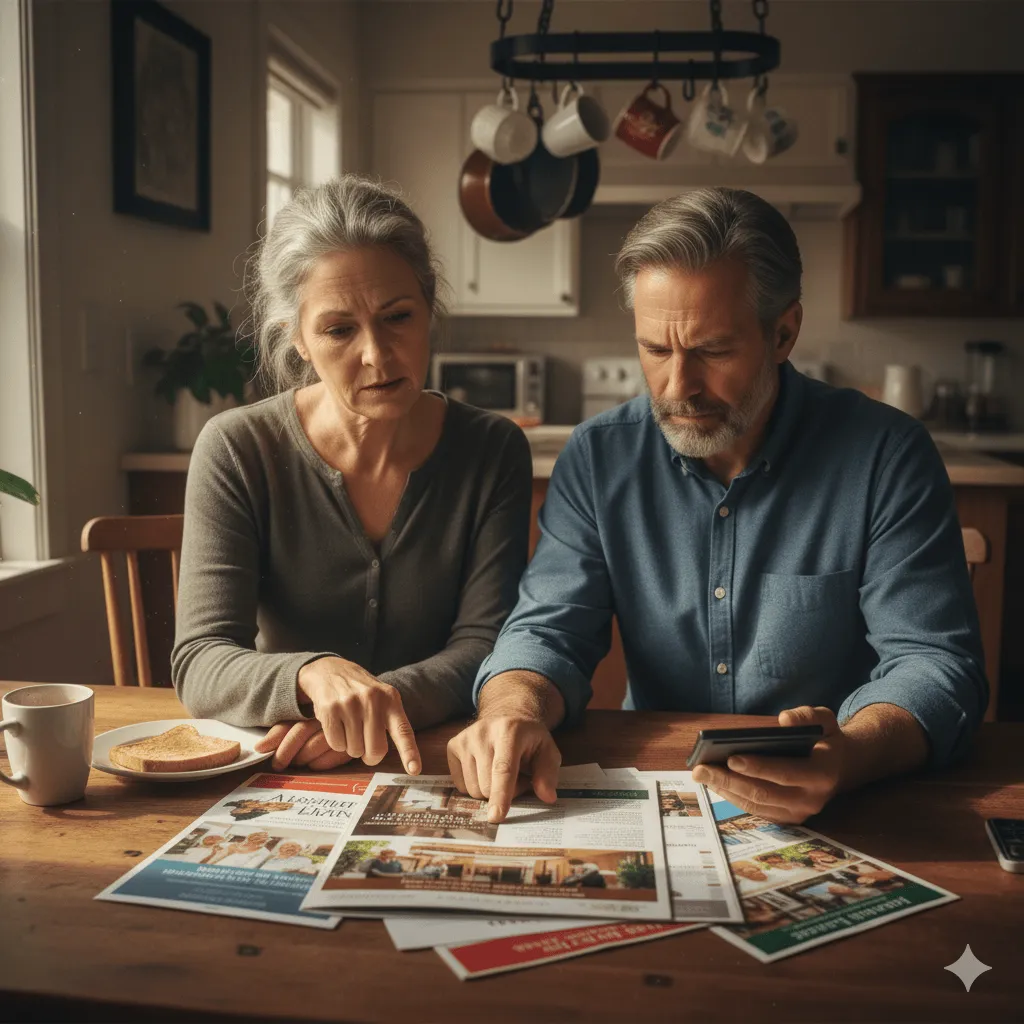 Couple reviewing assisted living bills at their kitchen table, looking concerned about costs.