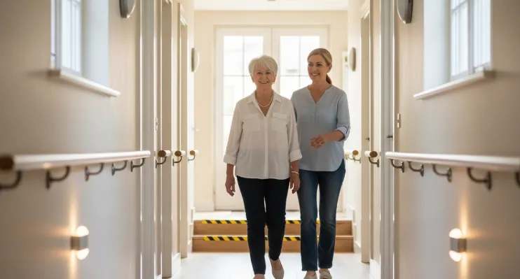 Senior woman safely navigating hallway with fall prevention modifications installed