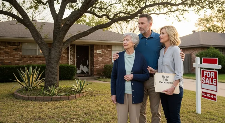 Family helping elderly mother sell aging Irving TX home as-is with supportive gestures and documentation
