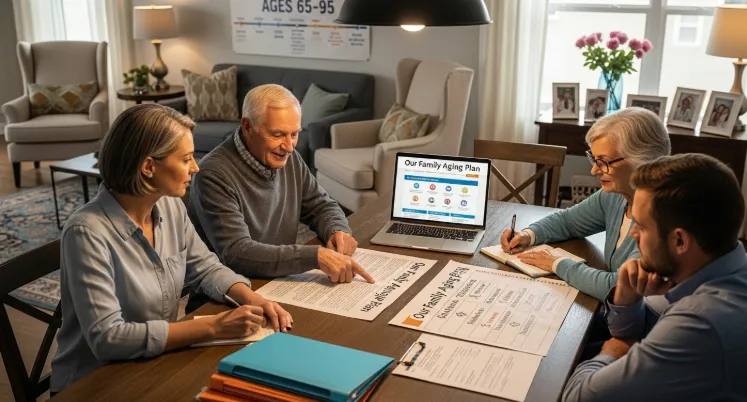 Multi-generational family creating comprehensive aging plan together around dining table