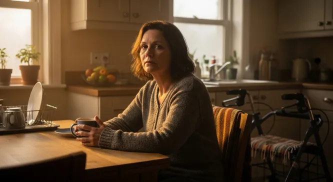 Exhausted caregiver holding coffee cup at kitchen table in early morning light with elderly parent's walker visible in background