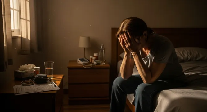Exhausted caregiver sitting on bed with head in hands showing signs of caregiver burnout with medical supplies on nightstand