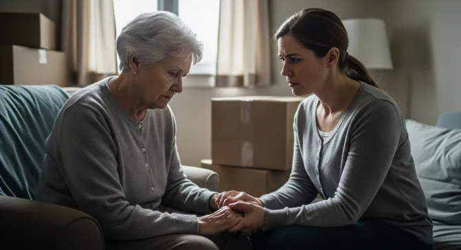 Worried adult daughter holding elderly mother's hand in assisted living room during difficult adjustment period