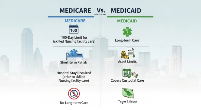 Side-by-side comparison infographic showing what Medicare covers versus Medicaid for long-term senior care in Texas