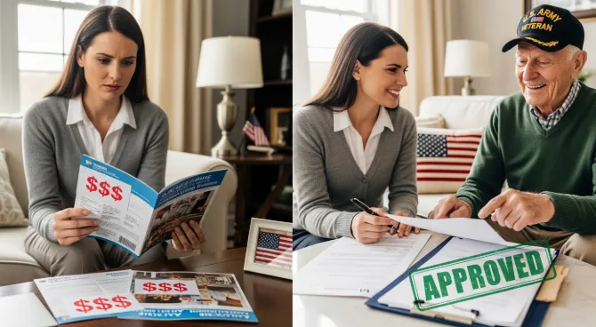 Split image showing worried daughter reviewing expensive assisted living brochures, then smiling with veteran father after discovering VA Aid and Attendance benefits