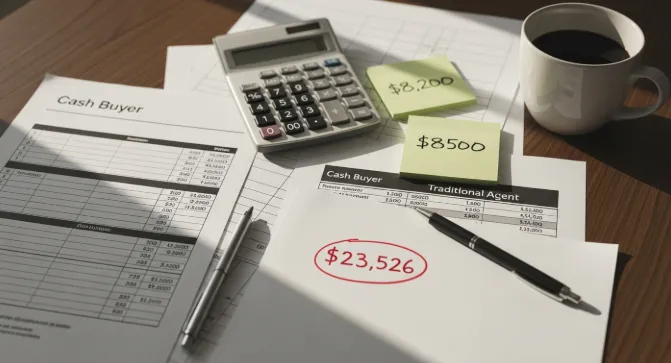 Comparison documents showing cash buyer vs traditional real estate agent net proceeds for selling parent's outdated home during senior care transition