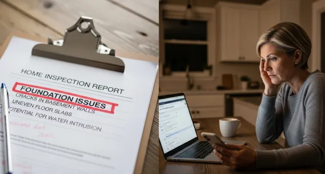 Adult child researching how to sell house with foundation problems late at night while reviewing inspection report