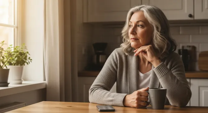 Adult daughter reflecting on caregiving challenges while taking a quiet moment in her kitchen