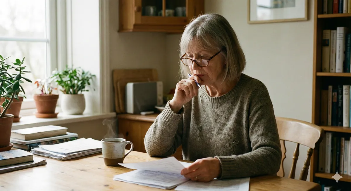 Surviving spouse reviewing VA benefits paperwork at kitchen table