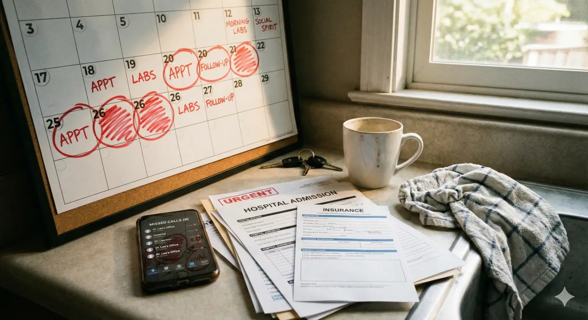 Calendar on a kitchen counter with dates circled in red marker, a smartphone showing missed calls, and a stack of medical paperwork beside a coffee cup. Morning light, slightly chaotic composition suggesting urgency. Warm residential kitchen setting.