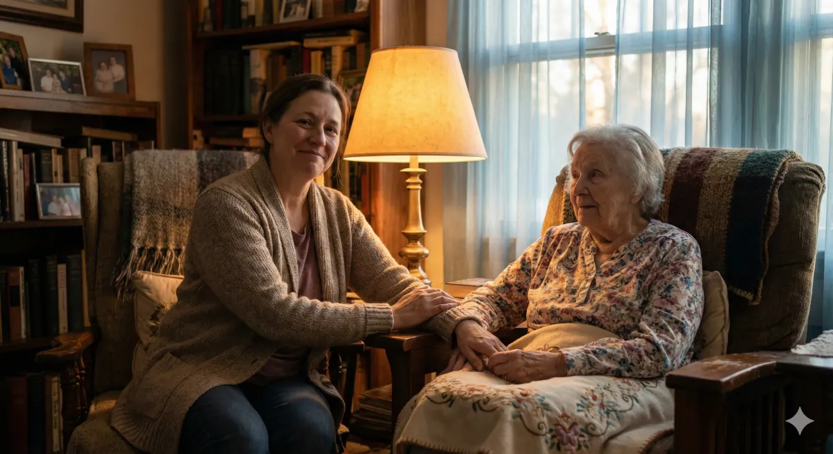 Adult daughter comforting elderly mother during evening hours in warmly lit living room - sundowning support