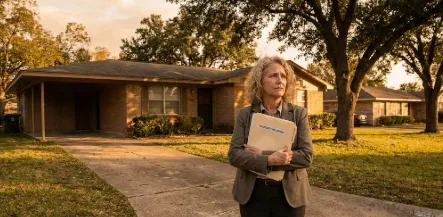 Adult daughter standing outside aging parents' brick ranch home in Haltom City Texas reviewing paperwork