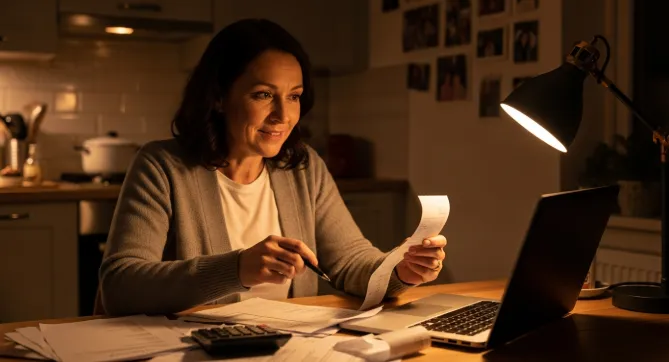 Adult daughter reviewing tax documents and receipts at kitchen table, organizing caregiver expense records for tax deductions