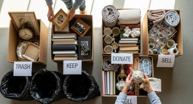 Organized estate cleanout sorting system with labeled boxes for keep, donate, sell, and trash piles during a 3-day home clearing