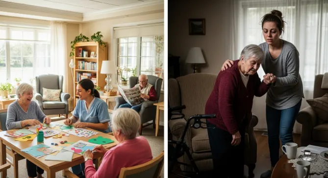 Side-by-side comparison of professional memory care environment versus