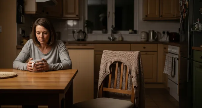 Adult daughter sitting alone at kitchen table processing the emotional weight of caring for a parent with dementia