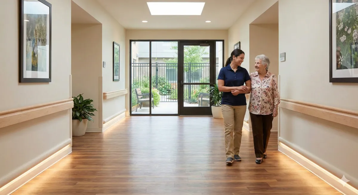 Caregiver walking with elderly resident through a modern memory care facility hallway with secured courtyard visible