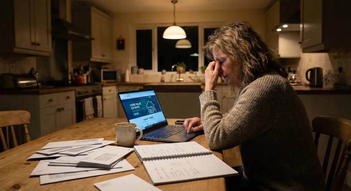Adult daughter comparing cash offer options on laptop while calculating home sale proceeds for parent's care costs