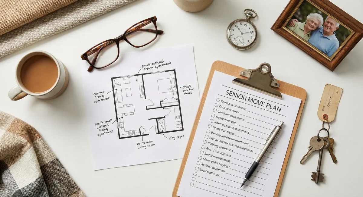 Senior move planning materials including an assisted living floor plan, checklist, and family keepsakes for a DFW relocation