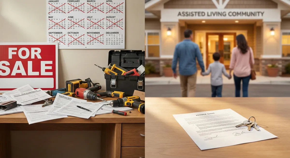  Split comparison showing the complexity of a traditional home sale timeline versus the simplicity of a cash sale for families funding senior care