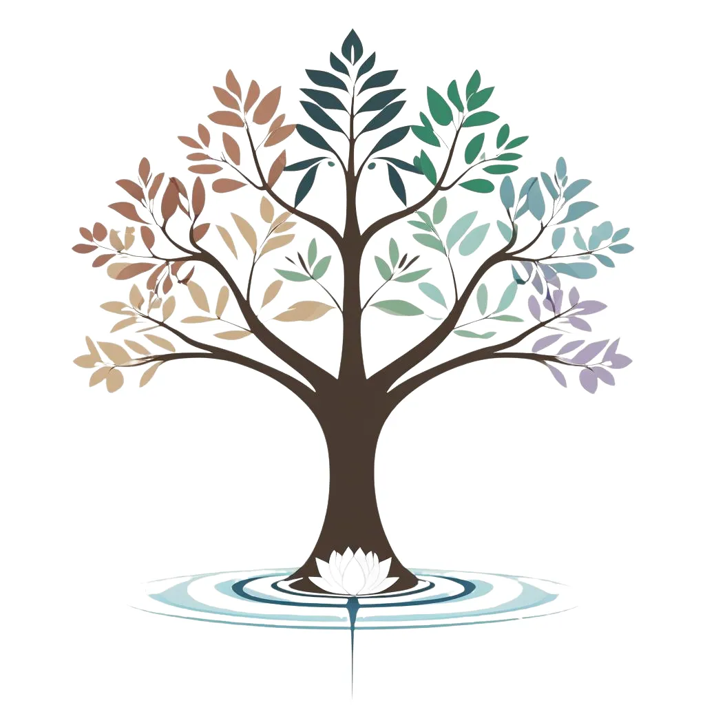 Illustration of a tree with multicolored leaves and roots flowing into water with a white lotus, symbolizing the Five Sacred Rhythms - Sleep, Nutrition, Movement, Detox, and Spiritual Connection - in holistic wellness and balance.