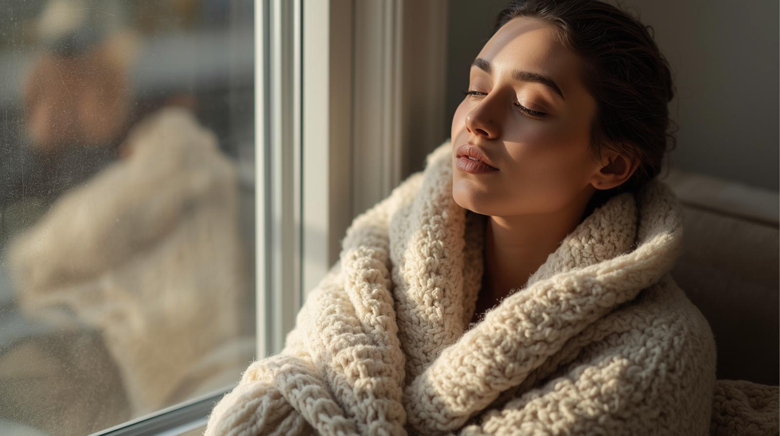 Woman reflecting by a window during winter, embracing light and calm energy